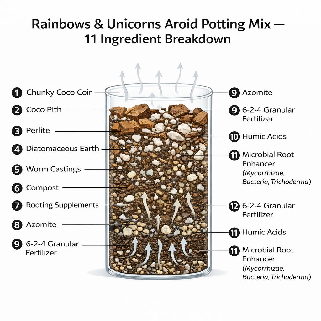 Chunky aroid mix ingredients diagram showing coco coir coco pith perlite worm castings compost azomite humic acids and microbial root enhancer