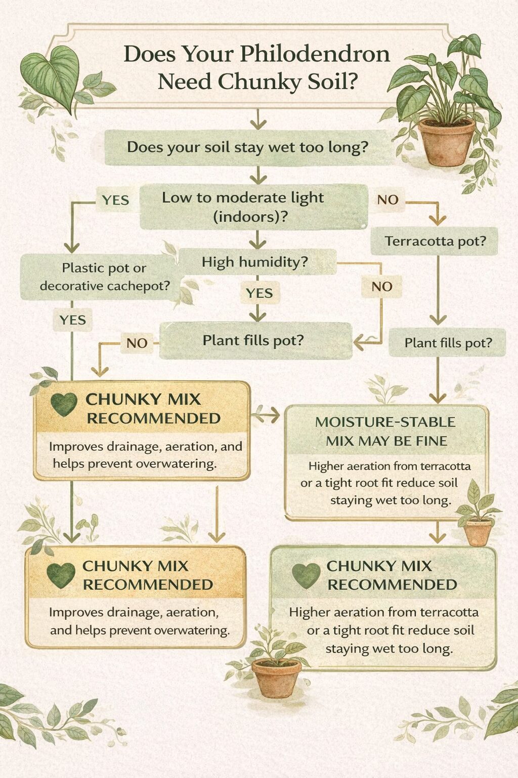 Decision tree for choosing chunky soil vs moisture stable mix for philodendron based on light pot type humidity and root fit