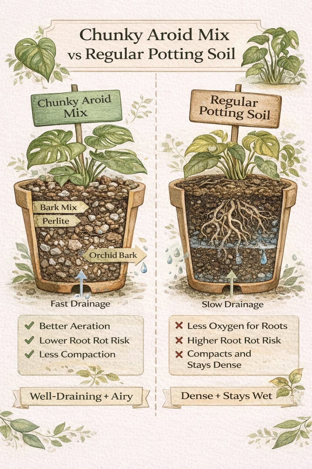 Side-by-side comparison of chunky aroid potting mix and regular potting soil showing drainage speed root aeration and compaction differences